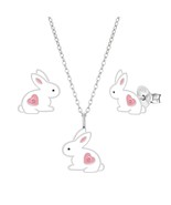 Bunny Jewelry Set 925 Silver Stud Earrings &amp; Necklace with Crystals - £22.15 GBP