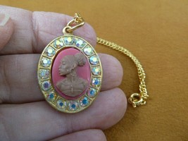 CA30-160) RARE African American LADY brown + pink CAMEO brass pendant necklace - £22.79 GBP