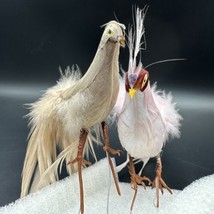 Vintage Pair of Birds Covered in Feathers Wire Footed Christmas Ornament - £11.99 GBP