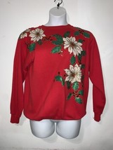 Vintage Hand Made Red Christmas Flowers Sweatshirt Size XL Hanes Her Way - £18.57 GBP