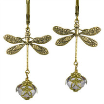 Dragonfly Daze NoMonet Earrings Gold Lavender Hand Crafted In USA Hand Painted - £31.74 GBP