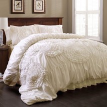Ivory Ruffled Flower 3 Piece Set, Serena By Lush Decor, For King Size. - £88.68 GBP