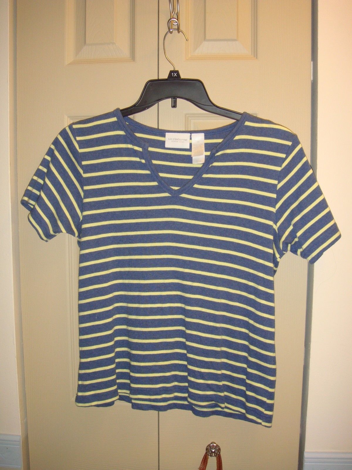 Liz Claiborne Denim Blue With Yellow Stripes Short Sleeve Size M - $12.89