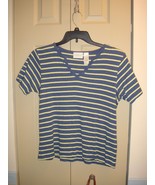 Liz Claiborne Denim Blue With Yellow Stripes Short Sleeve Size M - €11,06 EUR