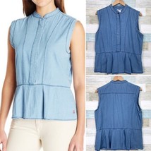 Levis Chambray Peplum Top Blue Sleeveless Pleated Cotton Casual Womens Large - £19.90 GBP