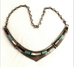Zuni Necklace Inlaid Turquoise Coral Mother Of Pearl Jet Sterling Silver... - $295.02