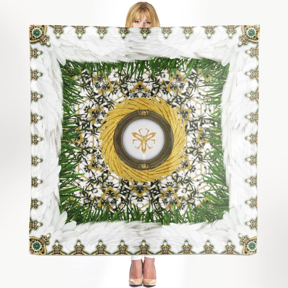 Angel Garden Large White Chiffon Scarf, Folk Art Sarong, Pareo Beach Wrap - $69.00