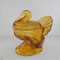 Vintage LE Smith Amber Glass Turkey Candy Dish Lidded Bowl Thanksgiving ... - £31.28 GBP