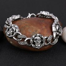 Silver Skull Biker Gothic Punk Byzantine Chain Link Stainless Steel Bracelet - £12.48 GBP
