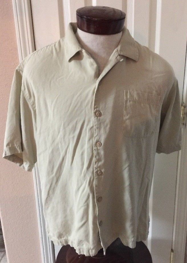 Primary image for Tommy Bahama Light Tan Green 100% Silk Button Up Short Sleeve Shirt Men's L