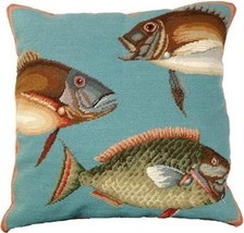 Throw Pillow Needlepoint Saltwater Fish Mark Catesby 20x20 Beige Velvet Bac - $310.00