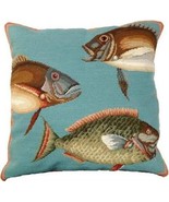 Throw Pillow Needlepoint Saltwater Fish Mark Catesby 20x20 Beige Velvet Bac - $421.08 CAD