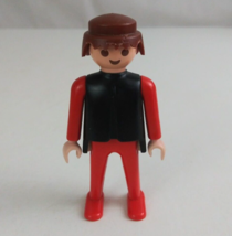 1974 Geobra Playmobile Brown Hair Man Wearing Red &amp; Black 2.75&quot; Toy Figure - £6.17 GBP