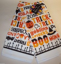 New Ritz Set of 2 Kitchen Towels Halloween Words/Pumpkins/Bats/Witches Hat - £11.10 GBP