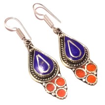 Lapis Lazuli Coral Handmade Bohemian Gift Jewelry Earrings Nepali 2&quot; SA 1173 - £4.70 GBP