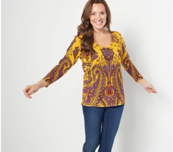 Attitudes by Renee V-Neck Printed Sweater (Mustard Paisley, XX-Small) A4... - $24.28