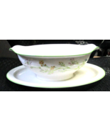 Noritake Reverie Gravy Boat Green Border Yellow Flowers Attached Plate - $14.95