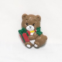 Vintage Teddy Bear Christmas Present  Brooch Pin Russ 1.5&quot; Brown Plastic - £9.47 GBP