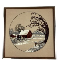 Vintage Bucilla Crewel Framed Frosted Countryside Barn 17” X 17” - $65.43