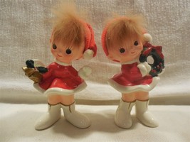 Vintage Ardco Japan Ceramic Christmas Elf Girl Wreath Gold Bells Figurines - $29.95