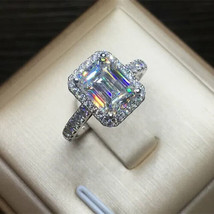14K White Gold Plated Natural Moissanite Halo Engagement Ring 3 Ct Emerald Cut - £233.06 GBP