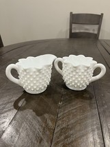 Vintage Fenton Hobnail Milk Glass Creamer And Sugar Star Pattern Set White - £23.10 GBP