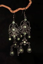 Vintage 80s Green Long Dangle Earrings Women Boho Tribal Indian Gypsy Pierced - £8.04 GBP