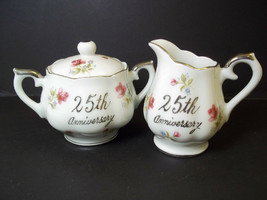 Individual fine china creamer & sugar pink roses 25th Anniversary Norcrest Japan - £9.02 GBP