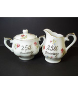 Individual fine china creamer &amp; sugar pink roses 25th Anniversary Norcre... - £8.88 GBP