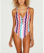 Bar III Waves Chevron Printed Strappy High Leg One-Piece Swimsuit S Teal... - £19.11 GBP