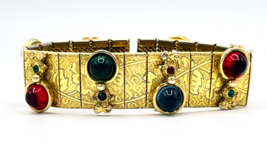 Vintage Multicolor Jeweled Cabochon Etched Gold Tone Mesh Panel Bracelet - £62.57 GBP