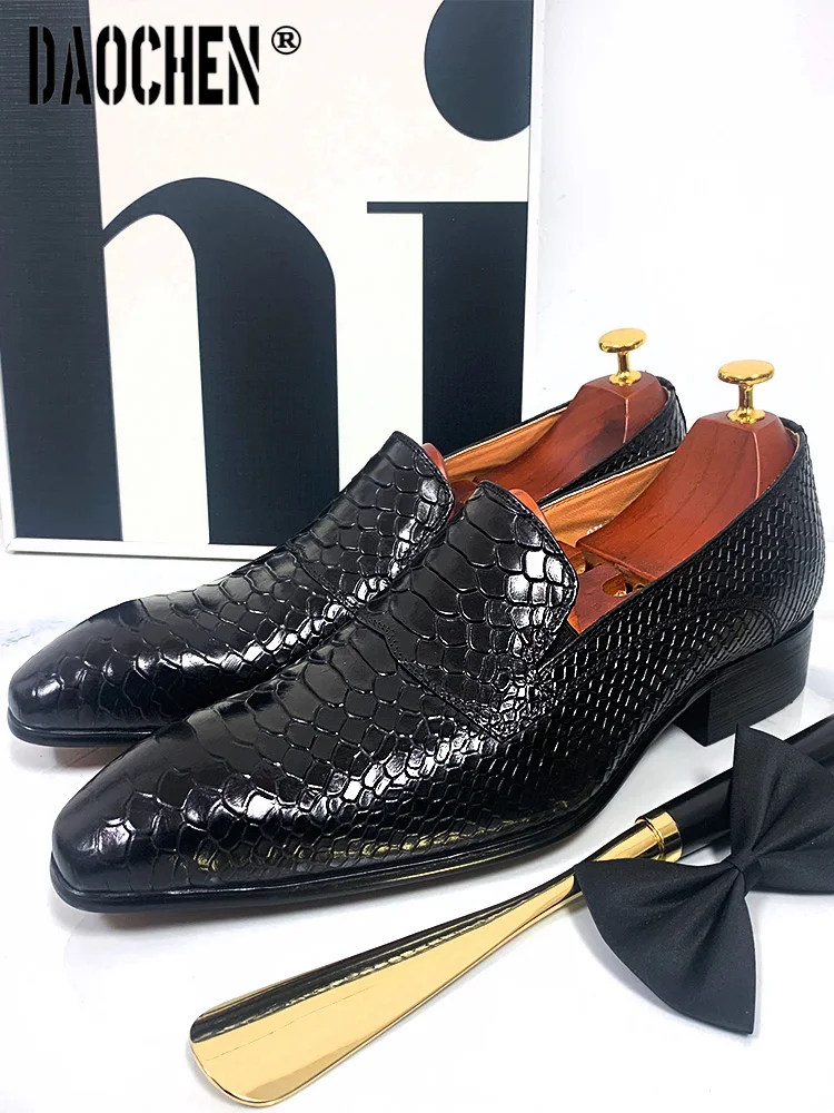 En loafers leather dress shoes snake print men casual shoes black brown slip on loafers thumb200