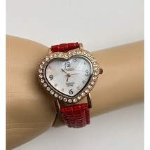 Heart Shaped Strada Quartz Watch Rhinestones Red Leather Band Rose Gold ... - £12.74 GBP