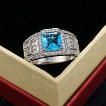 2.80Ct Princess Cut Simulated Blue Topaz Men&#39;s Halo Ring Gold Plated 925 Silver - £84.34 GBP