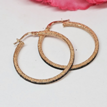 14K Black &amp; Rose Gold Textured 1  1/4&quot; Hoop Earrings Italy 2.5g - £120.77 GBP