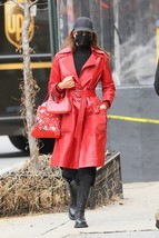Women Red Leather Trench Coat Jacket Long Overcoat - £294.76 GBP+
