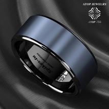 Men&#39;s Jewelry Black Tungsten Carbide Ring sea Blue Brushed center wedding Ring - £27.03 GBP