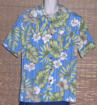 Caribbean Joe Hawaiian Shirt Blue Green White Tan Floral Size Large - $23.95