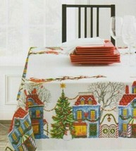 Christmas Village Fabric Tablecloth Jacquard Textured Printed 60x84&quot; Oblong - £22.05 GBP