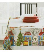 Christmas Village Fabric Tablecloth Jacquard Textured Printed 60x84&quot; Oblong - £21.60 GBP