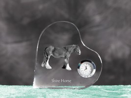 Shire horse- crystal clock in the shape of a heart with the image of a h... - $52.99