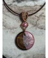 Pink and Brown Resin Pendant Copper Wire Wrapped on Leather Cord Necklace - $15.99