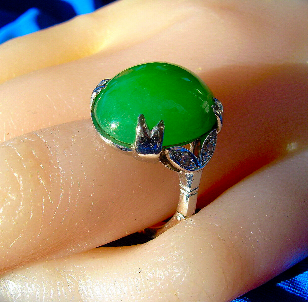Earth mined Green JADEITE Jade Antique Engagement Ring Deco Diamond 14k Gold Item image 6