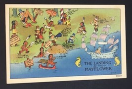 The Landing of the Mayflower Rare Comic Linen PC - £35.66 GBP