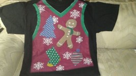 Christmas Men T Shirt Fits Like XL Ugly Xmas Vest Gingerbread Man Tree S... - £13.27 GBP