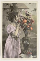 Antique 1908 Postcard Photo Hand Colored Victorian Women With Flowers - $5.45