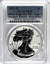 2021W- American Silver Eagle- T1-PCGS PR70- Reverse Pf- Designer Edition- FS - £361.92 GBP
