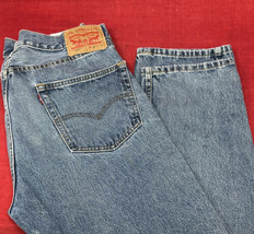 Levi&#39;s 505 Blue Jeans Regular Fit Straight Leg Mens 36 x 31 Medium Wash Distress - $15.79