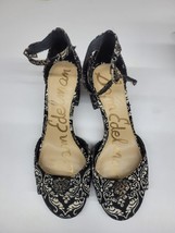 Sam Edelman Susie Black Metallic Jacquard Pattern Ankle Strap Heels Size 9 1/2M - £23.90 GBP