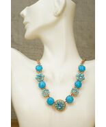 Vintage Costume Jewelry Blue Rhinestone Floral Link Necklace Copper Tone... - $24.74